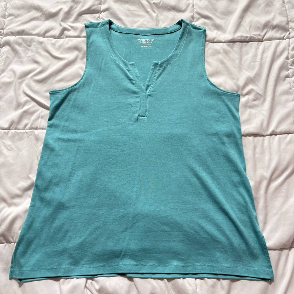 Chico's Sleeveless Tank Top V Neck Womens XL Blue 100% Pima Cotton Minimalist